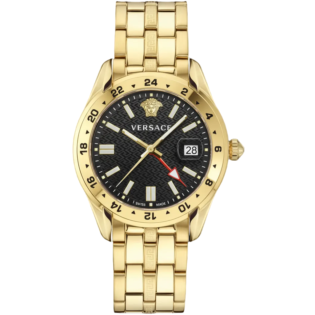 Versace Men’s GRECA GMT Quartz Swiss Made Gold Stainless Steel Black Dial 41mm Watch VE7C00723