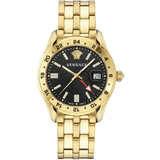 Versace Men’s GRECA GMT Quartz Swiss Made Gold Stainless Steel Black Dial 41mm Watch VE7C00723