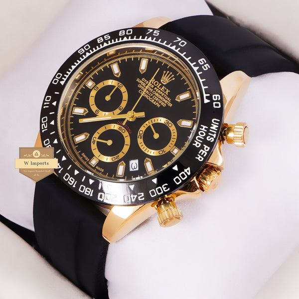 NEW LATEST CHRONOGRAPH COLLECTION YELLOW GOLD WITH BLACK DAIL & SILICON STRAP WATCH
