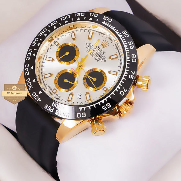 NEW LATEST CHRONOGRAPH COLLECTION YELLOW GOLD WITH SILVER DAIL & SILICON STRAP WATCH