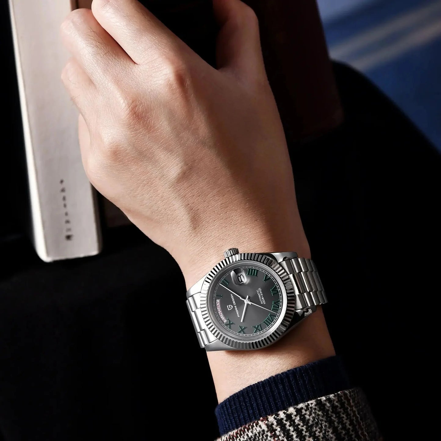 PAGANI DESIGN MEN'S WIMBLEDON DAYNDATE AUTOMATIC SILVER STAINLESS STEEL CARCOAL DAIL CHAIN WATCH SKU-PD1783