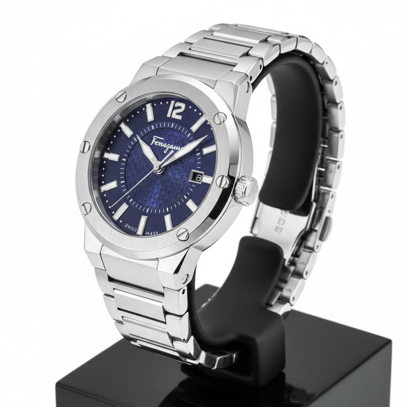 Ferragamo Men’s Swiss Made Quartz Silver Stainless Steel Blue Dial 44mm Watch SFHY02923