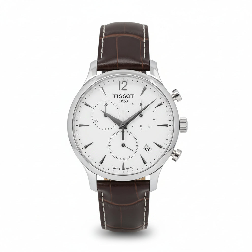 TISSOT Men’s Quartz Swiss Made Brown Leather Strap White Dial 42mm Watch T063.617.16.037.00