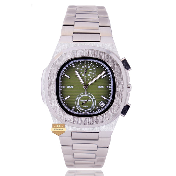 NEW LATEST CHRONOGRAPH COLLECTION  SILVER WITH OLIVE GREEN DAIL CHAIN WATCH