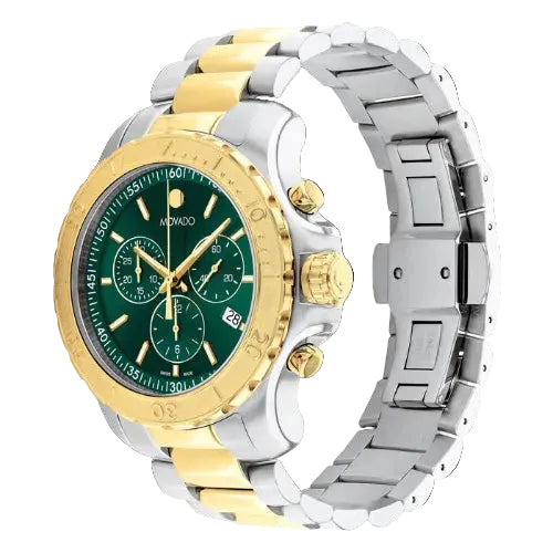 Movado Men's Swiss Quartz Chronograph Two Tone Gold Stainless Steel Olive Green Dail 42mm Chain Watch  2600181