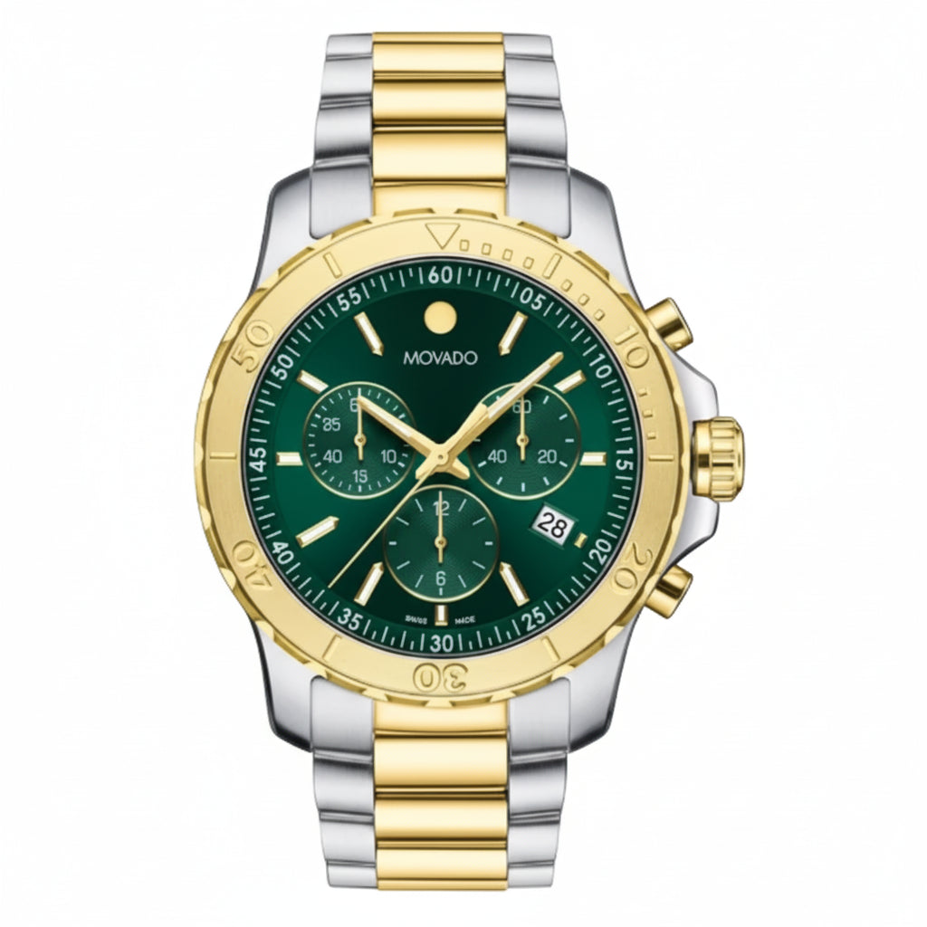 Movado Men's Swiss Quartz Chronograph Two Tone Gold Stainless Steel Olive Green Dail 42mm Chain Watch  2600181