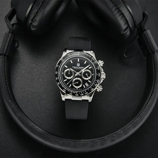 PAGANI DESIGN MEN'S WATCH CHRONOGRAPH SILVER STAINLESS STEEL BLACK DAIL BLACK SILICON STRAP WATCH SKU-PD-1664