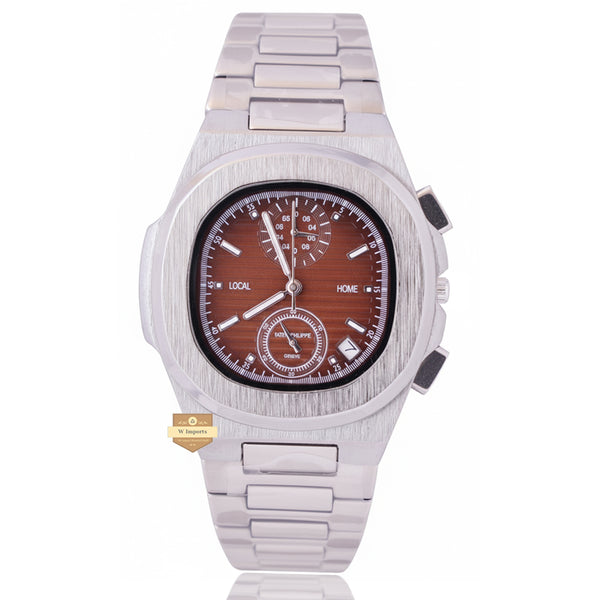 NEW LATEST CHRONOGRAPH COLLECTION  SILVER WITH BROWN DAIL CHAIN WATCH