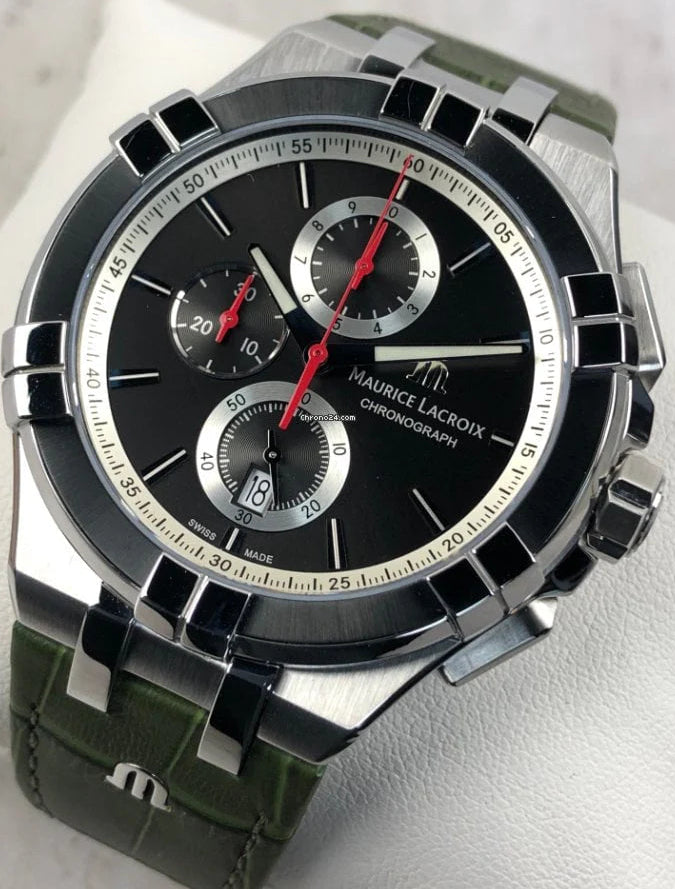 Maurice Lacroix Men’s Quartz Swiss Made Green Leather Strap Black Dial 44mm Watch AI1018-PVB21-330-1