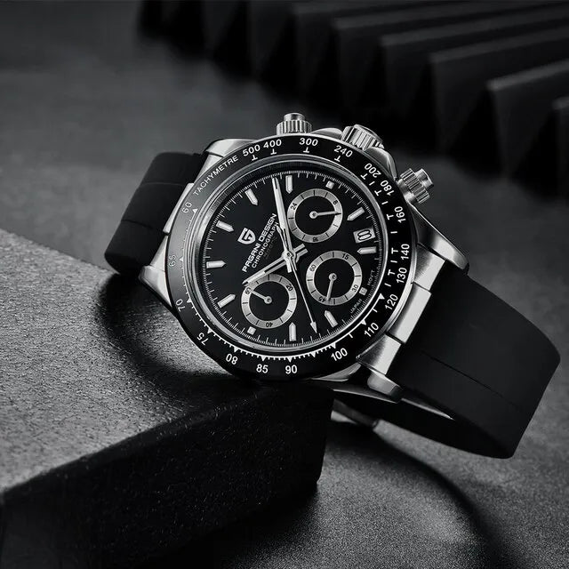 PAGANI DESIGN MEN'S WATCH CHRONOGRAPH SILVER STAINLESS STEEL BLACK DAIL BLACK SILICON STRAP WATCH SKU-PD-1664