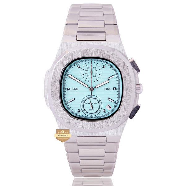 NEW LATEST CHRONOGRAPH COLLECTION  SILVER WITH TIFFANY BLUE DAIL CHAIN WATCH