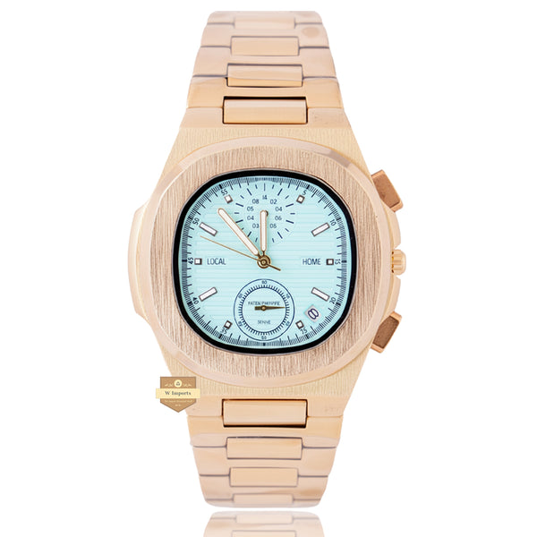 NEW LATEST CHRONOGRAPH COLLECTION  YELLOW GOLD WITH TIFFANY BLUE DAIL CHAIN WATCH