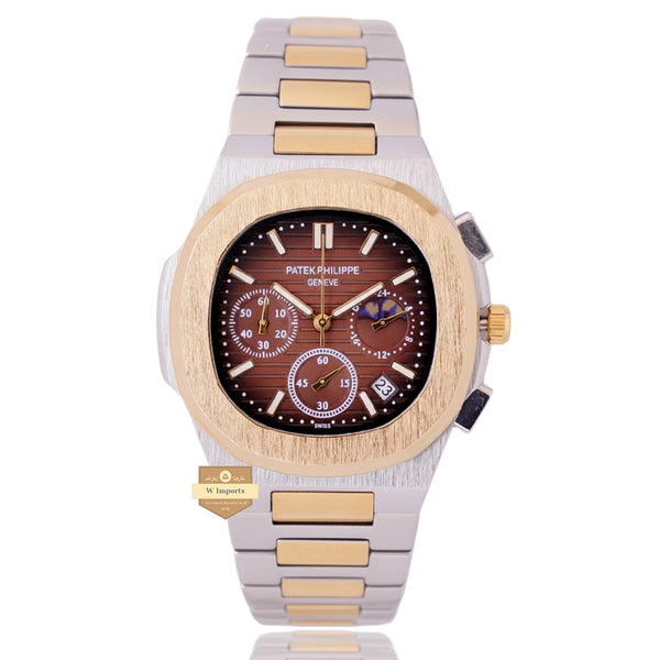 NEW LATEST CHRONOGRAPH COLLECTION  TWO TONE YELLOW GOLD  WITH BROWN DAIL MOON PHASE  CHAIN WATCH