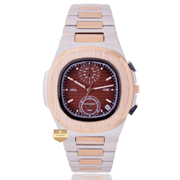 NEW LATEST CHRONOGRAPH COLLECTION  TWO TONE ROSE GOLD WITH BROWN DAIL CHAIN WATCH