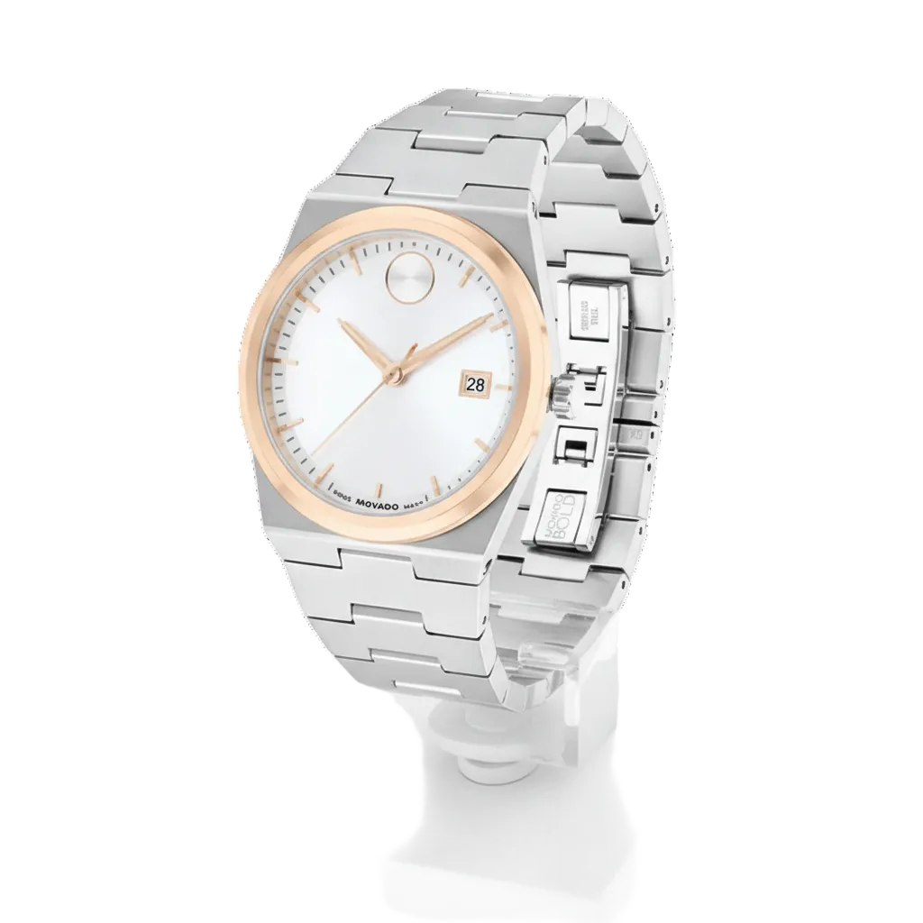 Movado Men’s Swiss Made Quartz BOLD Two Tone Rose Gold Stainless Steel Black Dial 40mm Watch 3600972