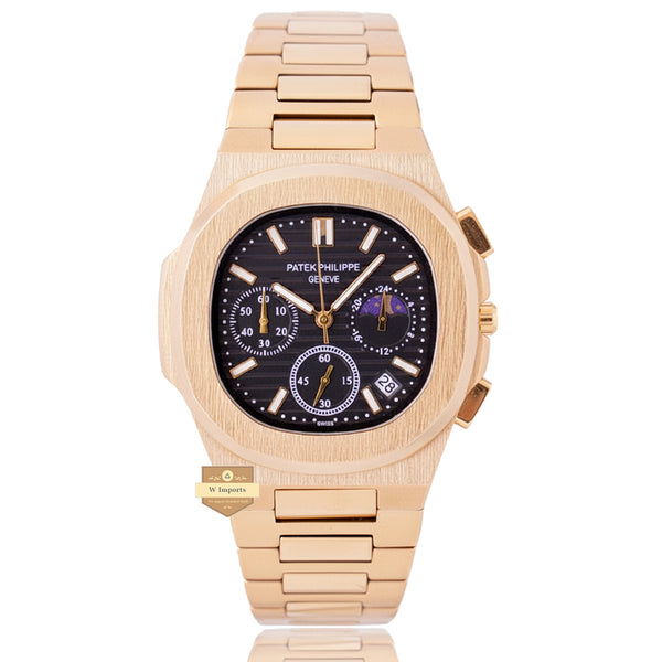 NEW LATEST CHRONOGRAPH COLLECTION  ALL YELLOW GOLD WITH BLACK DAIL MOON PHASE  CHAIN WATCH