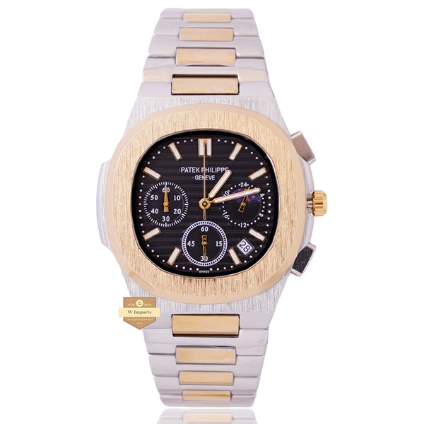 NEW LATEST CHRONOGRAPH COLLECTION  TWO TONE YELLOW GOLD WITH BLACK DAIL MOON PHASE  CHAIN WATCH