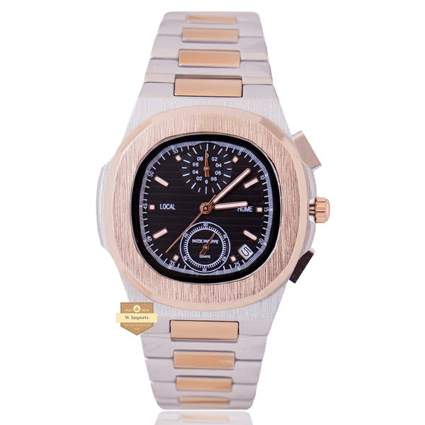 NEW LATEST CHRONOGRAPH COLLECTION  TWO TONE ROSE GOLD  WITH BLACK DAIL CHAIN WATCH