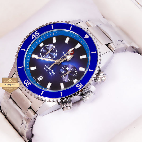 NEW LATEST CHRONOGRAPH COLLECTION SILVER WITH BLUE DAIL & CHAIN WATCH