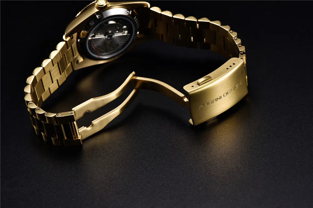 PAGANI DESIGN MEN'S DAYNDATE GOLDEN PRESIDENT AUTOMATIC BUGET STONED BLACK DAIL 36MM CHAIN WATCH SKU-PD1752