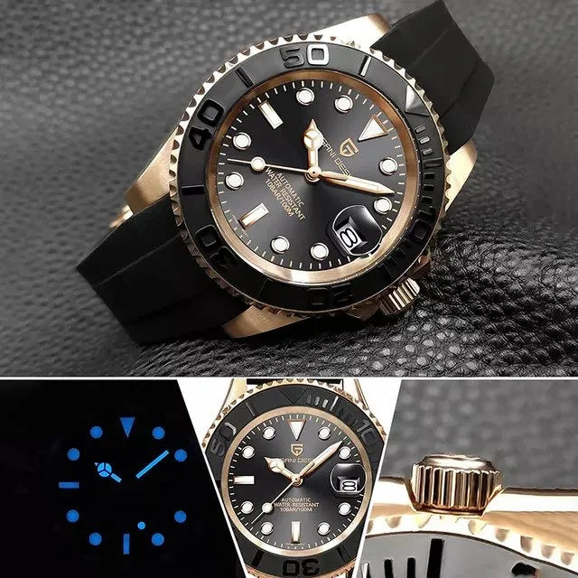 PAGANI DESIGN MEN'S WATCH AUTOMATIC ROSE GOLD BLACK DAIL DAIL PVC STRAP CERAMIC BAZEL SKU-PD1651