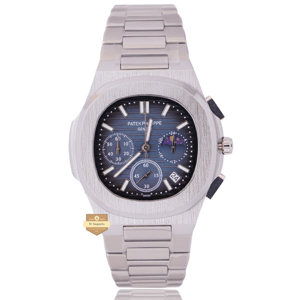 NEW LATEST CHRONOGRAPH COLLECTION  SILVER WITH BLUE DAIL MOON PHASE  CHAIN WATCH