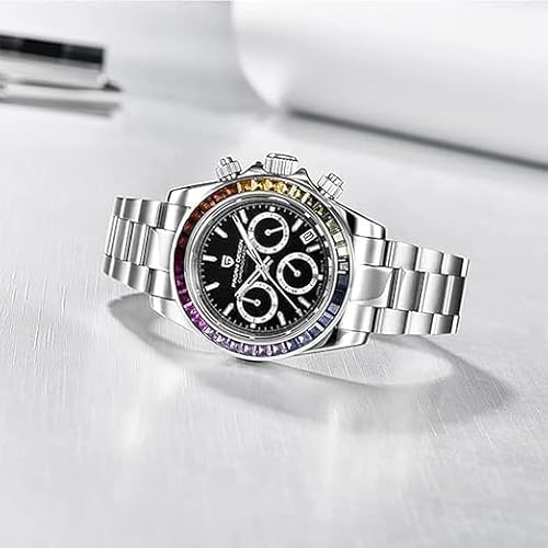 PAGANI DESIGN MEN'S WATCH RAINBOW SILVER STAINLESS STEEL JAPANEES QUARTZ MOVEMENT BLACK DAIL CHAIN SKU-PD-1644