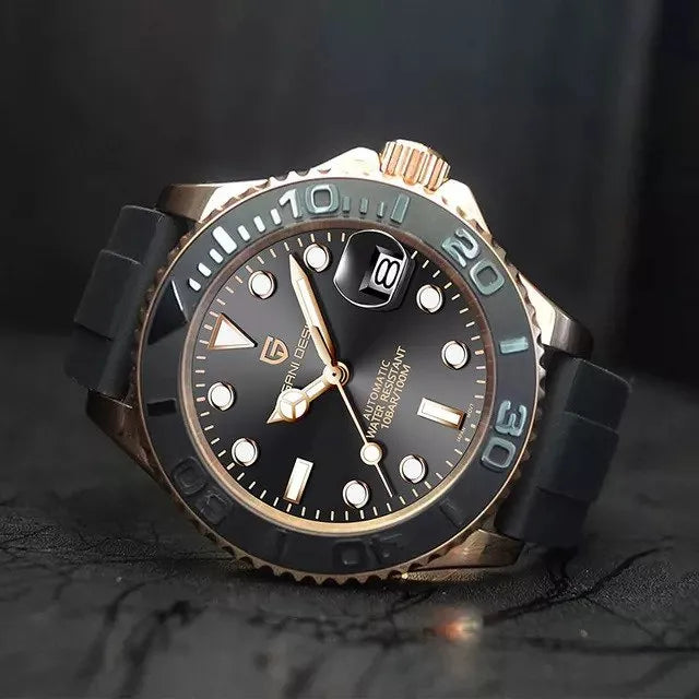 PAGANI DESIGN MEN'S WATCH AUTOMATIC ROSE GOLD BLACK DAIL DAIL PVC STRAP CERAMIC BAZEL SKU-PD1651