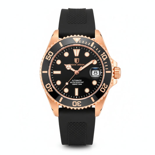 PAGANI DESIGN MEN'S WATCH AUTOMATIC ROSE GOLD BLACK DAIL DAIL PVC STRAP CERAMIC BAZEL SKU-PD1651