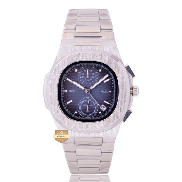 NEW LATEST CHRONOGRAPH COLLECTION  SILVER WITH BLUE DAIL CHAIN WATCH