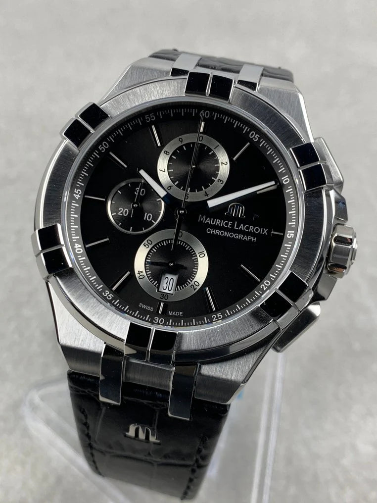 Maurice Lacroix Men’s Quartz Swiss Made BlackLeather Strap Black Dial 44mm Watch AI1018-SS001-330-1