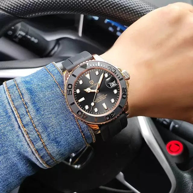 PAGANI DESIGN MEN'S WATCH AUTOMATIC ROSE GOLD BLACK DAIL DAIL PVC STRAP CERAMIC BAZEL SKU-PD1651
