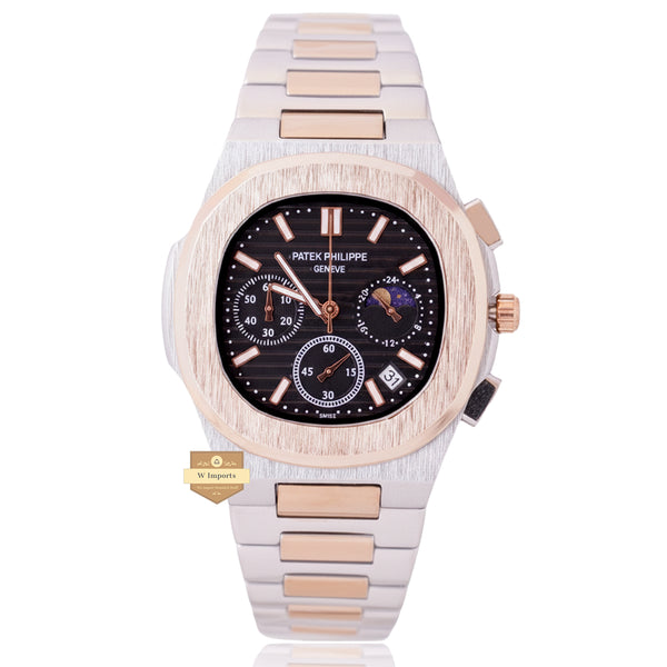 NEW LATEST CHRONOGRAPH COLLECTION  TWO TONE ROSE GOLD  WITH BLACK DAIL MOON PHASE  CHAIN WATCH