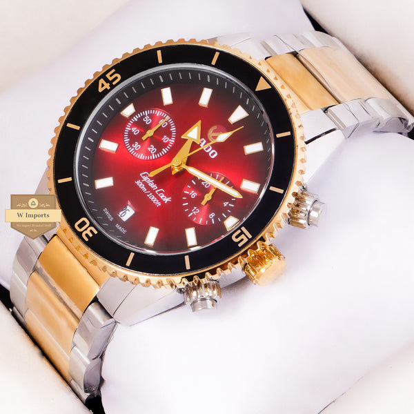 NEW LATEST CHRONOGRAPH COLLECTION TWO TONE WITH RED DAIL & CHAIN WATCH