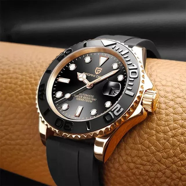 PAGANI DESIGN MEN'S WATCH AUTOMATIC ROSE GOLD BLACK DAIL DAIL PVC STRAP CERAMIC BAZEL SKU-PD1651