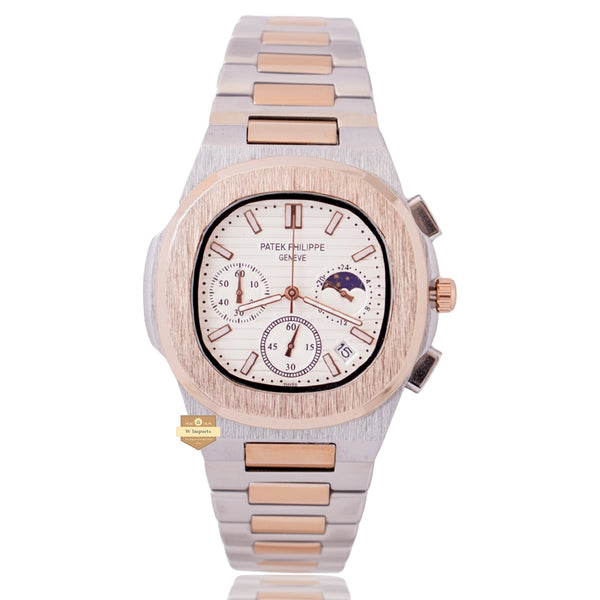 NEW LATEST CHRONOGRAPH COLLECTION  TWO TONE ROSE GOLD WITH WHITE DAIL MOON PHASE  CHAIN WATCH