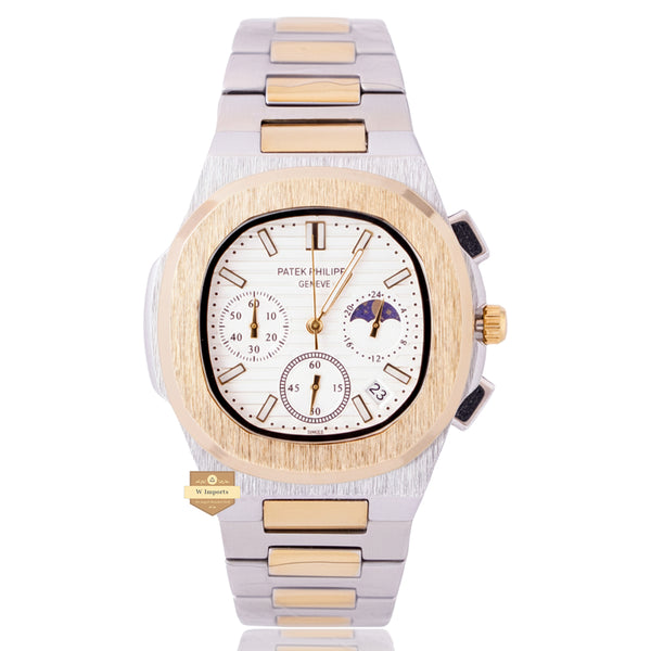 NEW LATEST CHRONOGRAPH COLLECTION  TWO TONE YELLOW GOLD WITH WHITE DAIL MOON PHASE  CHAIN WATCH