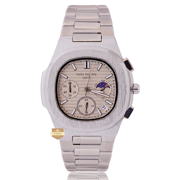 NEW LATEST CHRONOGRAPH COLLECTION  SILVER WITH GREY DAIL MOON PHASE  CHAIN WATCH