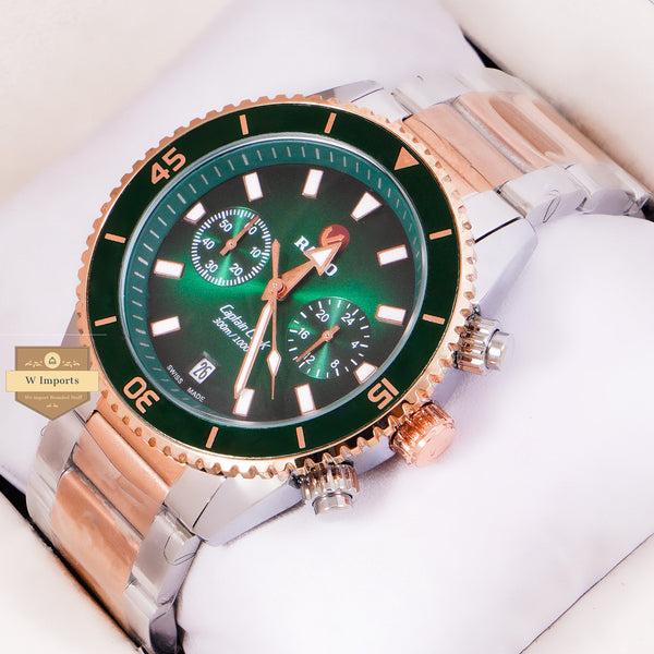 NEW LATEST CHRONOGRAPH COLLECTION TWO TONE ROSE GOLD WITH GREEN DAIL & CHAIN WATCH