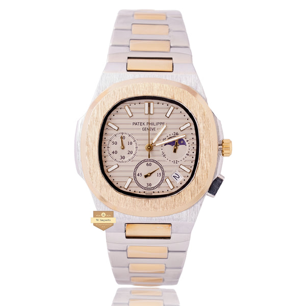 NEW LATEST CHRONOGRAPH COLLECTION TWO TONE YELLOW GOLD  WITH GREY DAIL MOON PHASE  CHAIN WATCH