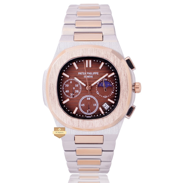 NEW LATEST CHRONOGRAPH COLLECTION  TWO TONE ROSE GOLD WITH BROWN DAIL MOON PHASE  CHAIN WATCH