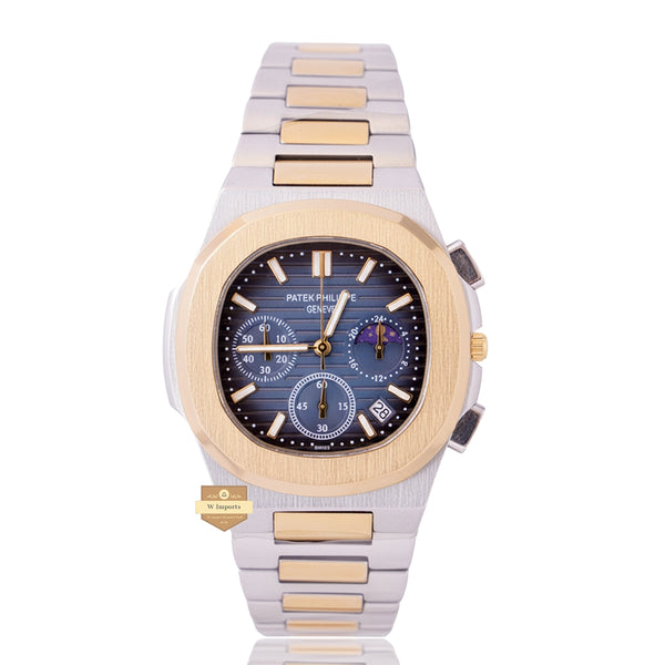 NEW LATEST CHRONOGRAPH COLLECTION  TWO TONE YELLOW GOLD WITH BLUE DAIL MOON PHASE  CHAIN WATCH