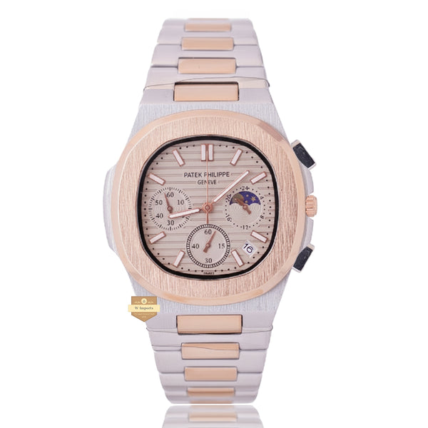 NEW LATEST CHRONOGRAPH COLLECTION  TWO TONE ROSE GOLD  WITH GREY DAIL MOON PHASE  CHAIN WATCH