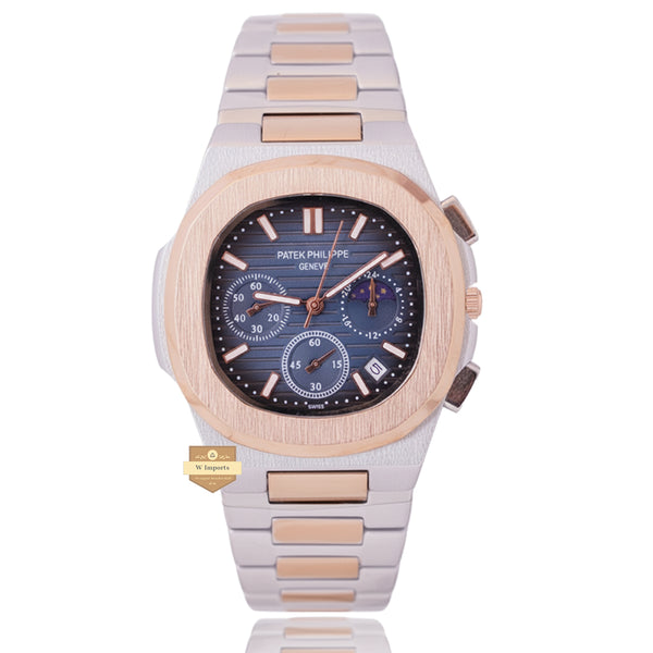NEW LATEST CHRONOGRAPH COLLECTION  TWO TONE ROSE GOLD WITH BLUE DAIL MOON PHASE  CHAIN WATCH