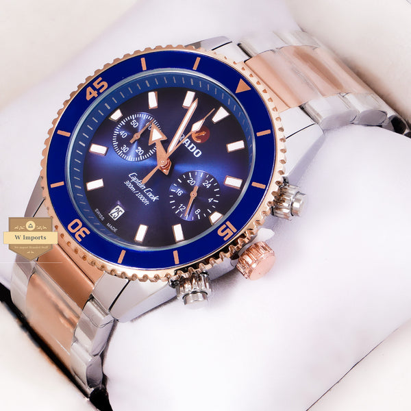NEW LATEST CHRONOGRAPH COLLECTION TWO TONE ROSE GOLD WITH BLUE DAIL & CHAIN WATCH