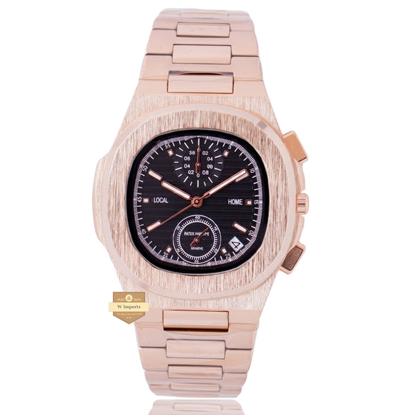 NEW LATEST CHRONOGRAPH COLLECTION  ROSE GOLD WITH BLACK DAIL CHAIN WATCH
