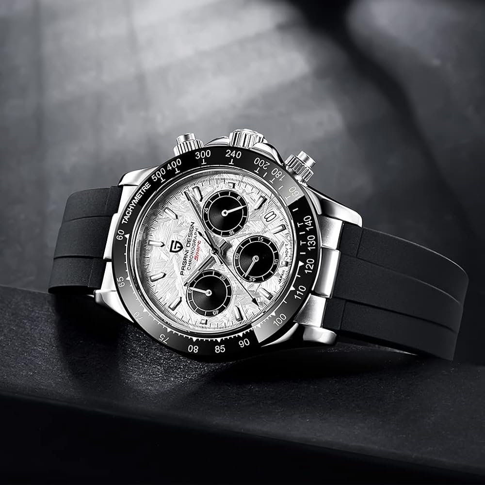 PAGANI DESIGN MEN'S DAYTONA MARBLE DAIL SILVER STAINLESS STEEL WITH SILICON STRAP JAPANEES QUARTZ SKU-PD1664