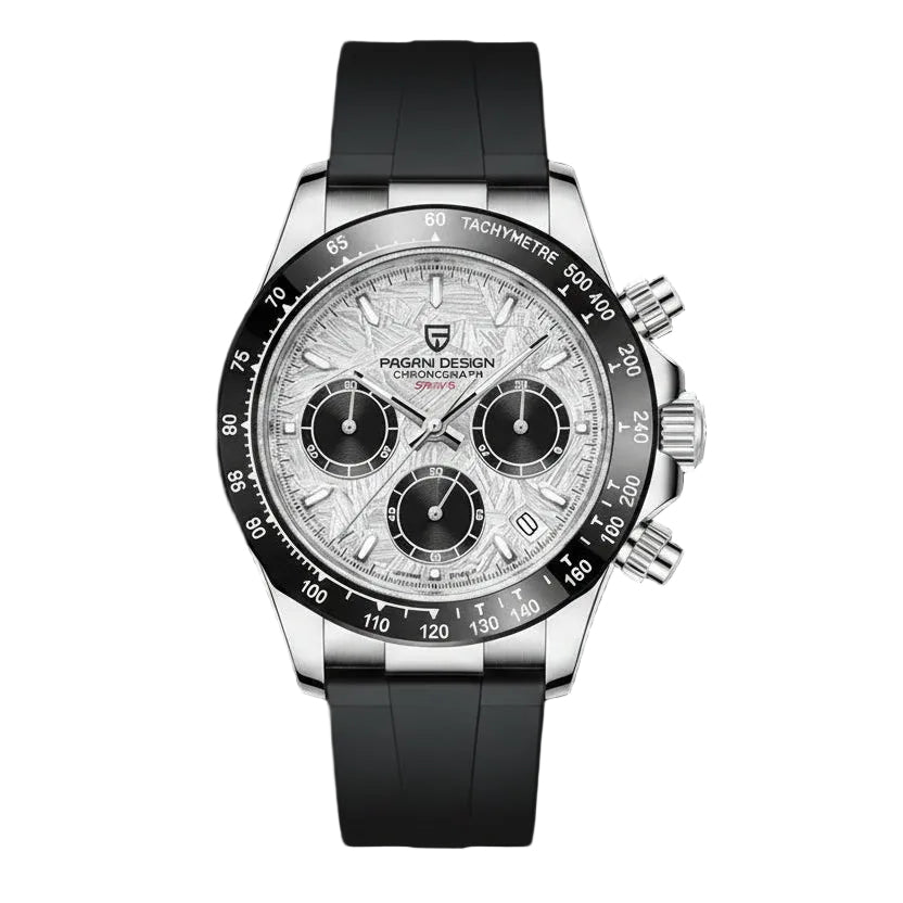 PAGANI DESIGN MEN'S DAYTONA MARBLE DAIL SILVER STAINLESS STEEL WITH SILICON STRAP JAPANEES QUARTZ SKU-PD1664