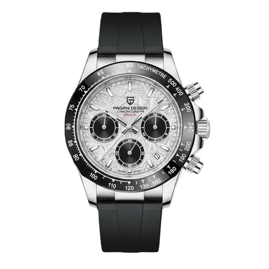 PAGANI DESIGN MEN'S DAYTONA MARBLE DAIL SILVER STAINLESS STEEL WITH SILICON STRAP JAPANEES QUARTZ SKU-PD1664