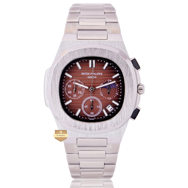 NEW LATEST CHRONOGRAPH COLLECTION SILVER WITH BROWN DAIL MOON PHASE  CHAIN WATCH